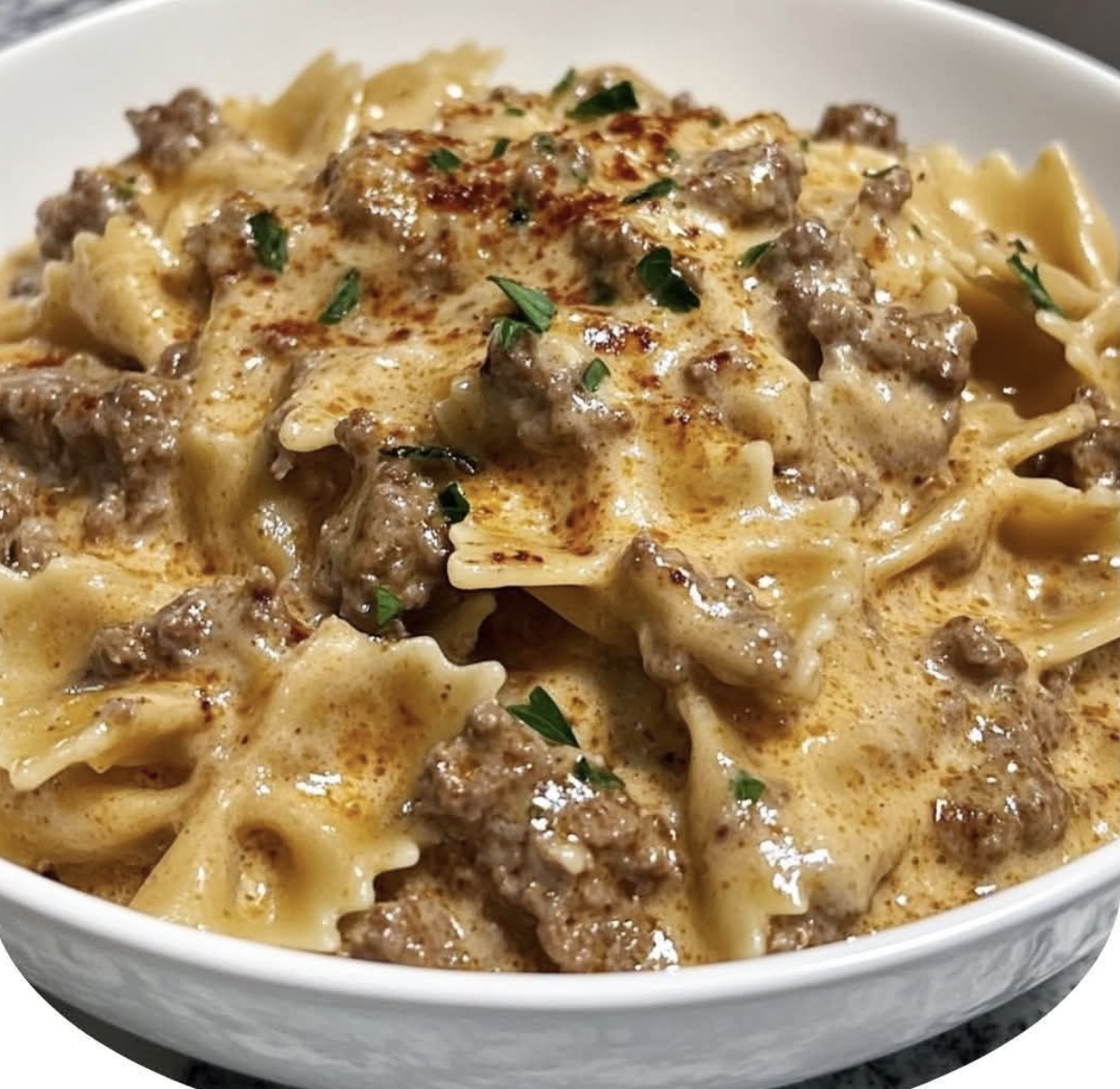 Creamy Parmesan Garlic Beef Bowtie Pasta