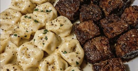 Garlic Butter Steak Bites & Creamy Alfredo Tortellini