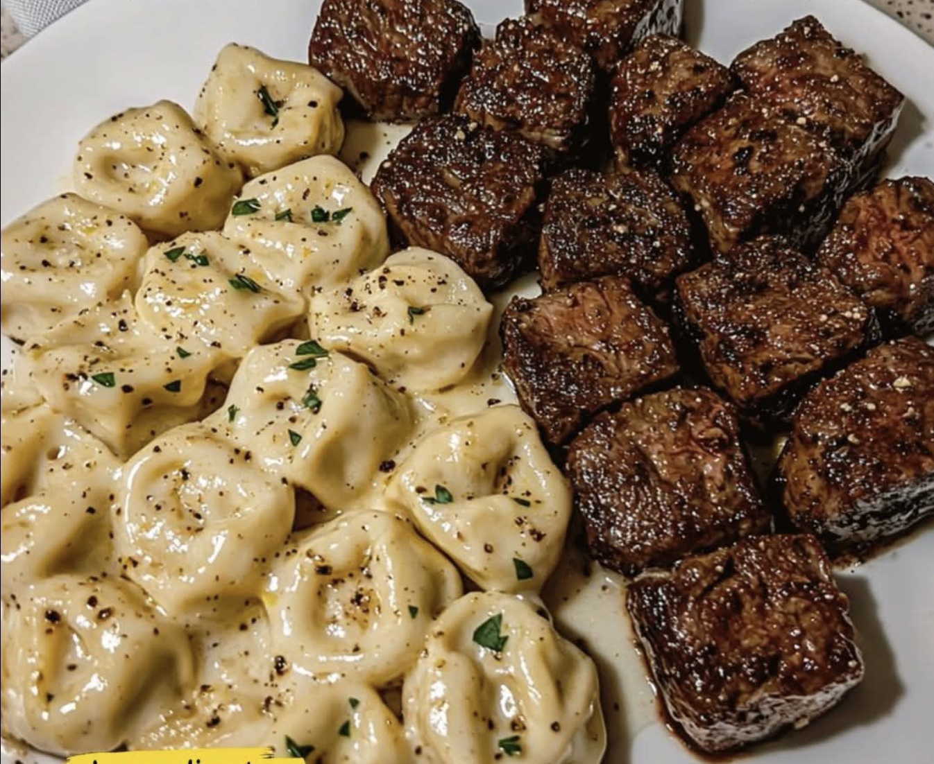 Garlic Butter Steak Bites & Creamy Alfredo Tortellini