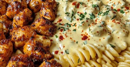 GARLIC BUTTER CHICKEN BITES & SPICY CAJUN ALFREDO TWISTED PASTA