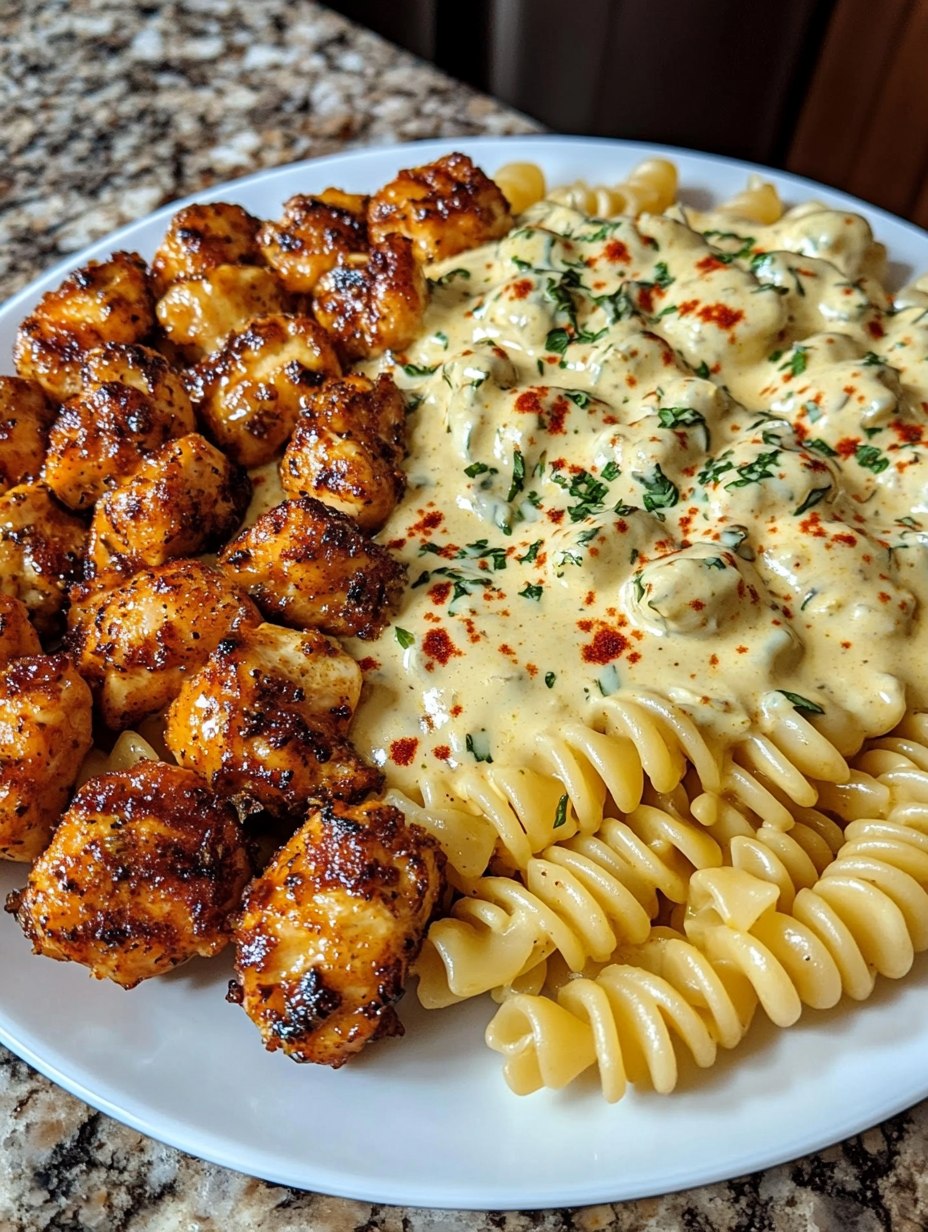 GARLIC BUTTER CHICKEN BITES & SPICY CAJUN ALFREDO TWISTED PASTA