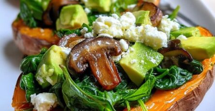 Stuffed Sweet Potatoes (Spinach, Avocado, Mushroom & Feta) Ingredients: 2 large sweet potatoes 1 cup baby spinach ½ avocado, diced ½ cup mushrooms, sliced ¼ cup crumbled feta cheese 1 tbsp olive oil Salt and pepper to taste Instructions: 1. Bake sweet potatoes at 400°F (200°C) for 45–50 minutes or until soft. 2. While they bake, sauté mushrooms in olive oil until browned. Add spinach and cook until wilted. 3. Once sweet potatoes are cooked, slice them open and fluff the inside slightly with a fork. 4. Top with sautéed spinach and mushrooms, avocado chunks, and crumbled feta. 5. Season with salt and pepper. Serve warm.