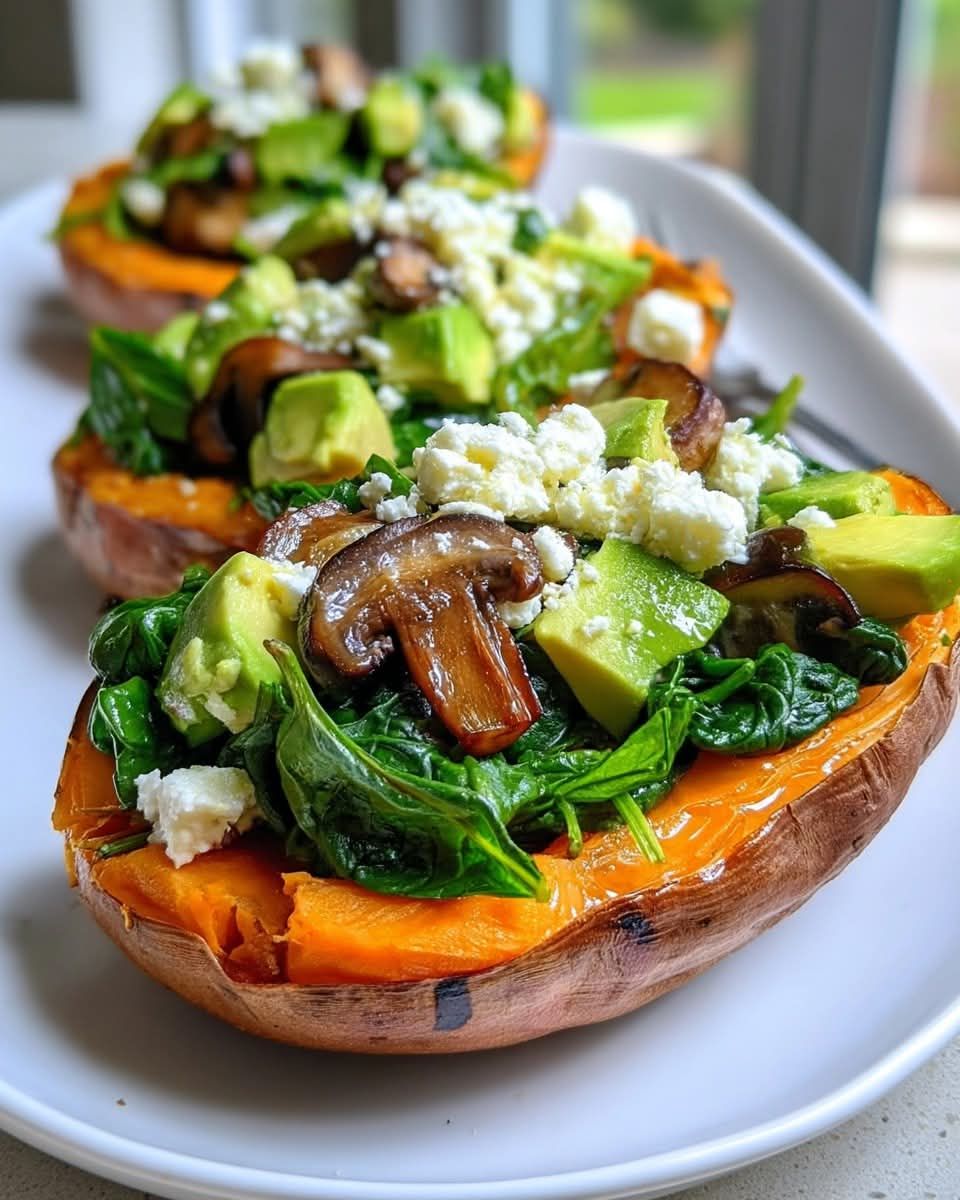Stuffed Sweet Potatoes (Spinach, Avocado, Mushroom & Feta) Ingredients: 2 large sweet potatoes 1 cup baby spinach ½ avocado, diced ½ cup mushrooms, sliced ¼ cup crumbled feta cheese 1 tbsp olive oil Salt and pepper to taste Instructions: 1. Bake sweet potatoes at 400°F (200°C) for 45–50 minutes or until soft. 2. While they bake, sauté mushrooms in olive oil until browned. Add spinach and cook until wilted. 3. Once sweet potatoes are cooked, slice them open and fluff the inside slightly with a fork. 4. Top with sautéed spinach and mushrooms, avocado chunks, and crumbled feta. 5. Season with salt and pepper. Serve warm.