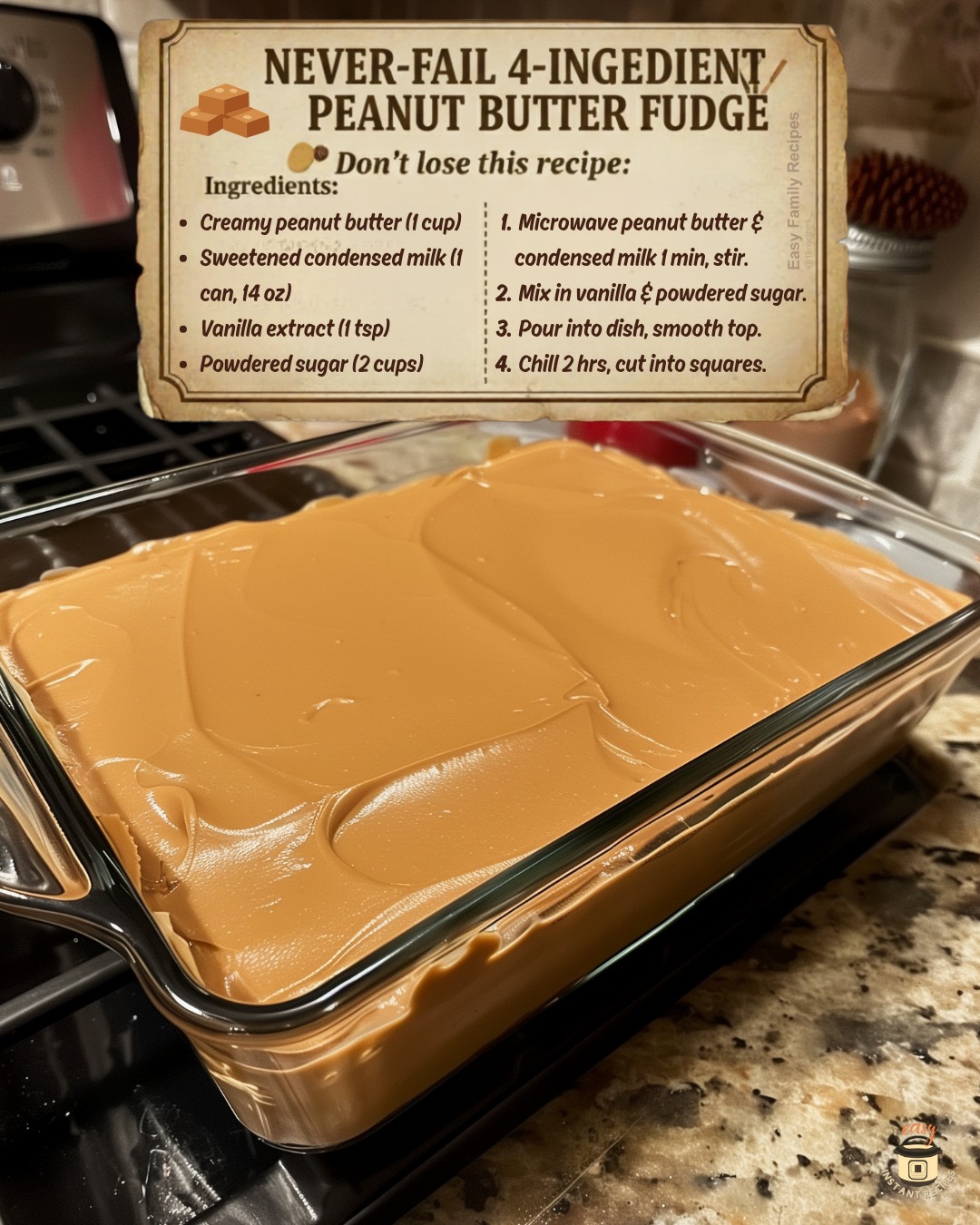 4 Ingredients. 2 Steps. ZERO Fail. This Peanut Butter Fudge is smooth, creamy, and downright addictive. 💕 • 1 cup creamy peanut butter • 1 can (14 oz) sweetened condensed milk • 1 tsp vanilla extract • 2 cups powdered sugar 🍫 Steps 1️⃣ Microwave peanut butter and condensed milk for ~1 min; stir until smooth. 2️⃣ Stir in vanilla & powdered sugar until creamy. 3️⃣ Pour into greased dish & smooth top. 4️⃣ Chill for ~2 hrs until set, and cut into squares.
