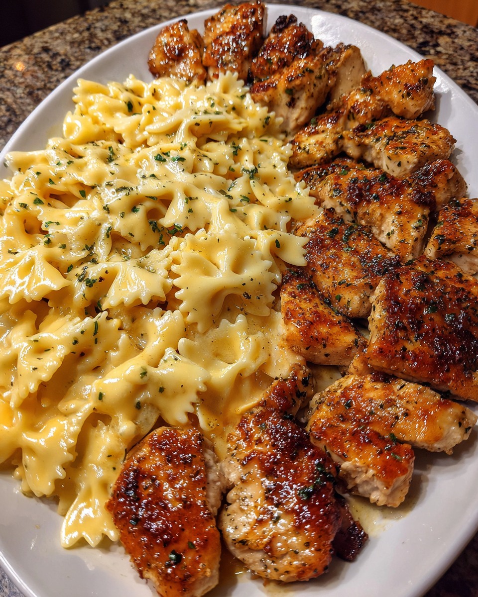 Garlic Butter Chicken with Bowtie Pasta Ingredients: 1 pound boneless, skinless chicken breasts, cut into 1-inch pieces 1/2 teaspoon Italian seasoning 8 ounces Velveeta cheese, cubed 4 ounces cream cheese, softened 1/2 cup chicken broth 1 cup shredded mozzarella cheese 1/2 cup grated Parmesan cheese...