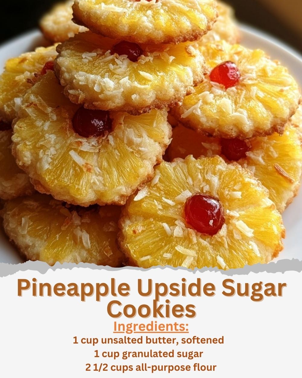 Pineapple Upside Sugar Cookies Ingredients: - 1 cup unsalted butter, softened - 1 cup granulated sugar - 1 large egg - 1 teaspoon vanilla extract - 2 1/2 cups all-purpose flour - 1/2 teaspoon baking powder - 1/4 teaspoon salt - 1/2 cup crushed pineapple, drained - 1/2 cup brown sugar - 1/4 cup unsweetened shredded coconut - Maraschino cherries (optional, for garnish) Directions: 1. Preheat oven to 350°F (175°C). Line baking sheets with parchment paper. 2. In a large bowl, cream together the butter and granulated sugar until light and fluffy. 3. Beat in the egg and vanilla extract until well combined. 4. In a separate bowl, whisk together the flour, baking powder, and salt. 5. Gradually add the dry ingredients to the wet mixture, mixing until just combined. 6. Fold in the crushed pineapple and shredded coconut evenly into the dough. 7. In a small bowl, mix the brown sugar with a little flour to prevent spreading. 8. Scoop tablespoon-sized portions of dough and roll into balls. 9. Roll each dough ball in the brown sugar mixture, then place on the prepared baking sheets about 2 inches apart. 10. Flatten each cookie slightly with the palm of your hand or the bottom of a glass. 11. If desired, press a maraschino cherry into the center of each cookie. 12. Bake for 12-15 minutes or until the edges are golden and the cookies are set. 13. Allow cookies to cool on the baking sheet for 5 minutes before transferring to a wire rack to cool completely. Prep Time: 15 minutes | Cooking Time: 15 minutes | Total Time: 30 minutes Kcal: 180 kcal | Servings: 24 cookies Tips: For extra tropical flavor, add a teaspoon of finely grated lime zest to the dough. Make sure to drain the pineapple well to prevent cookies from becoming too moist.